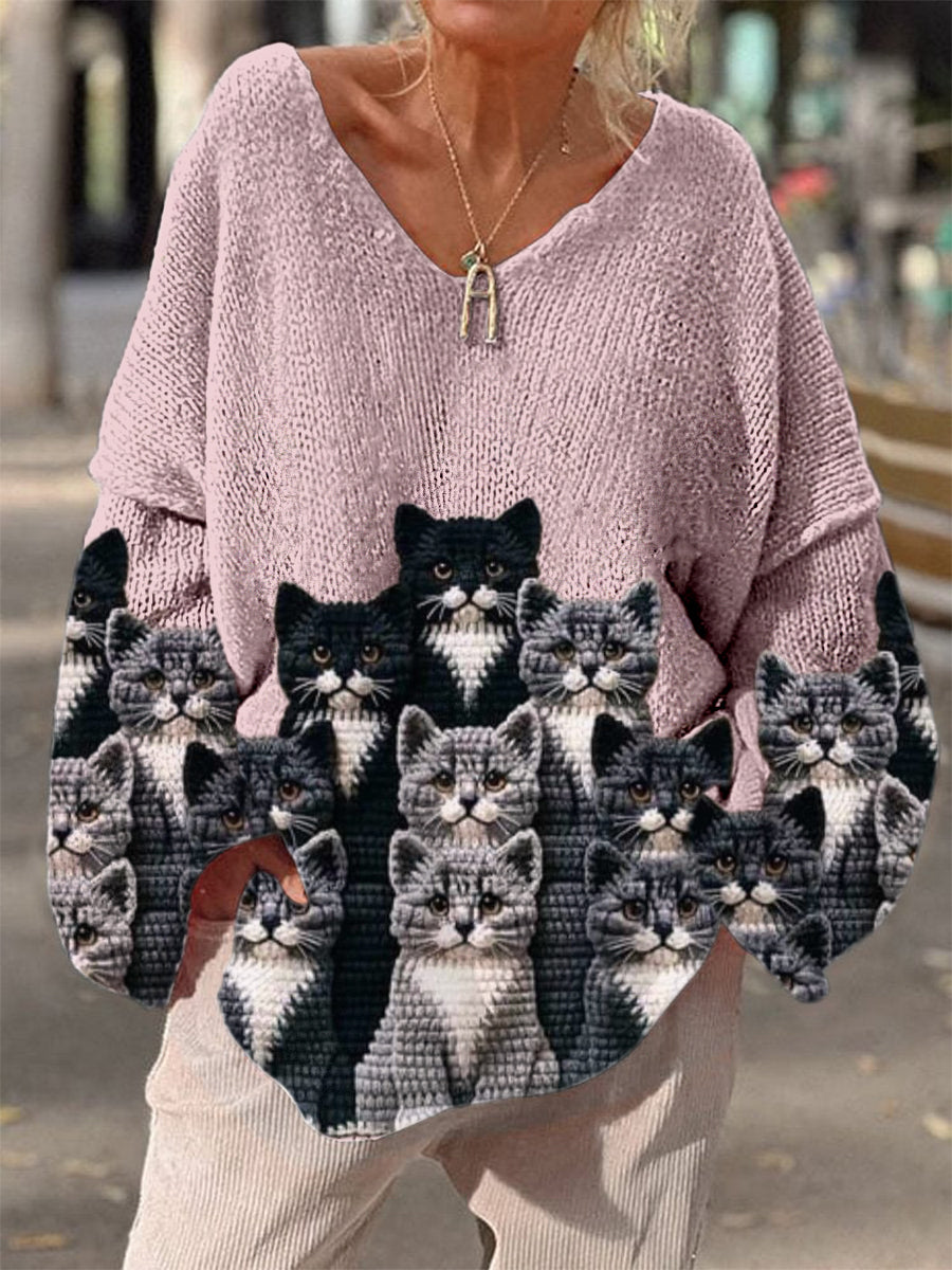 Élégant rétro imprimé floral Vintage lâche chic col en V à manches longues pull en tricot épais C / S Pull