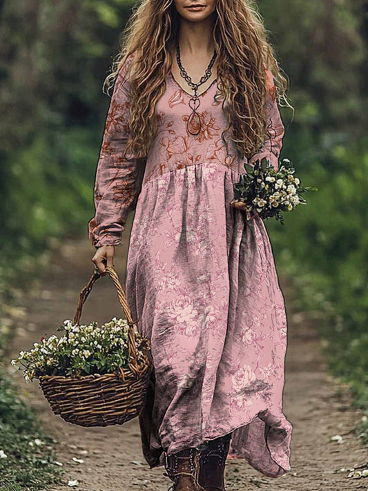 Rétro Floral Art Imprimer V-cou élégant et chic lâche à manches longues robe mi-longue A / S Robes