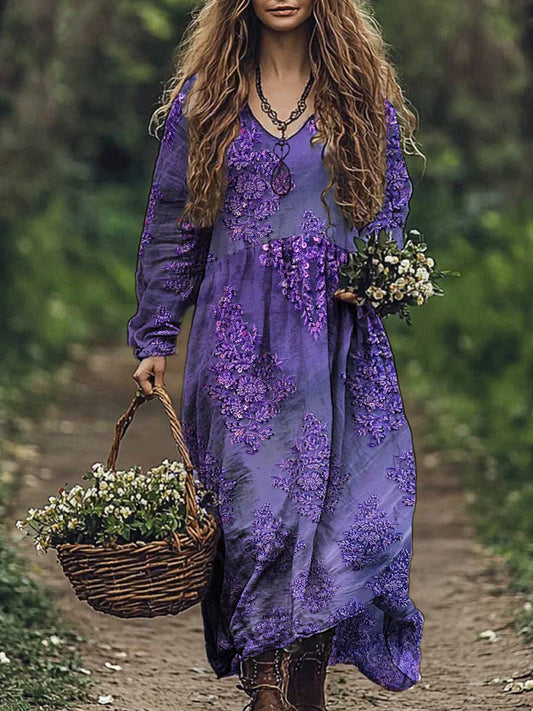 Rétro Floral Art Imprimer V-cou élégant et chic lâche à manches longues robe mi-longue A / S Robes