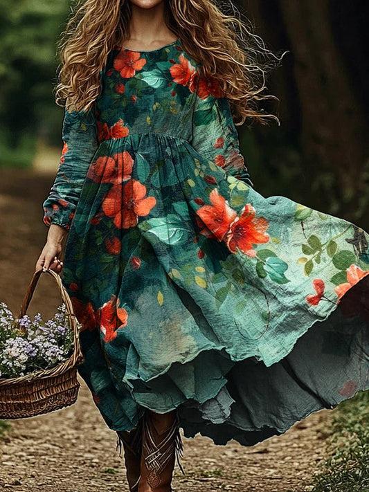 Rétro Floral Art Imprimer V-cou élégant et chic lâche à manches longues robe mi-longue A / S Robes