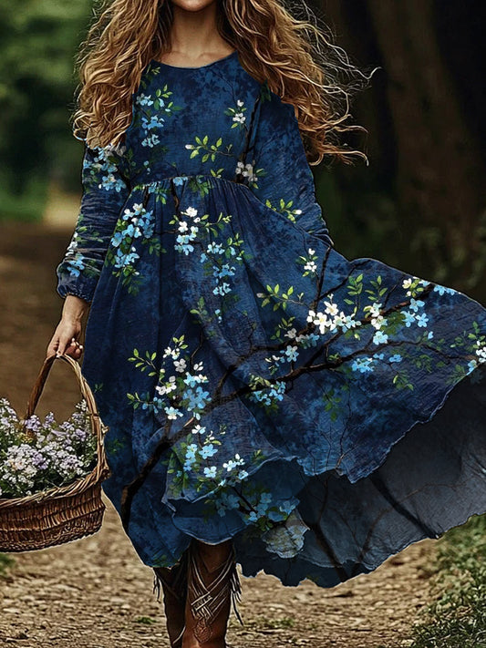 Rétro Floral Art Imprimer V-cou élégant et chic lâche à manches longues robe mi-longue A / S Robes