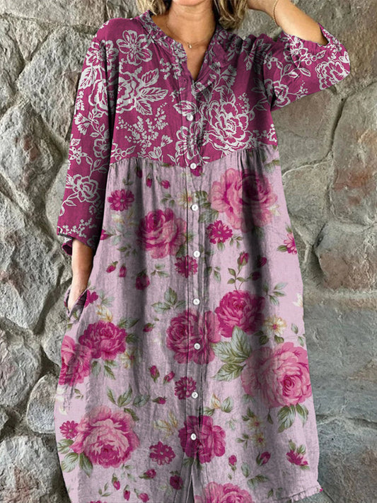 Rétro Boho Floral Art Print Vintage Chic col en V Boutonné à manches longues Midi Dress A / S Robes