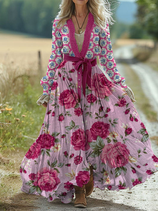 Rétro Boho Floral Art Print Vintage Chic taille sangle col en V coton à manches longues robe Midi A / S Robes