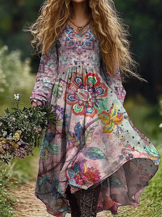 Rétro Boho Floral Art Print Vintage Chic col en V coton à manches longues Midi Dress A / S Robes