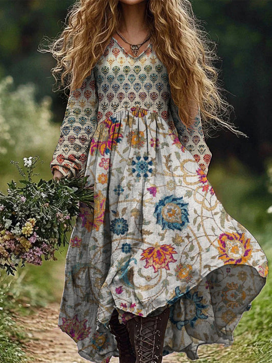 Rétro Boho Floral Art Print Vintage Chic col en V coton à manches longues Midi Dress A / S Robes