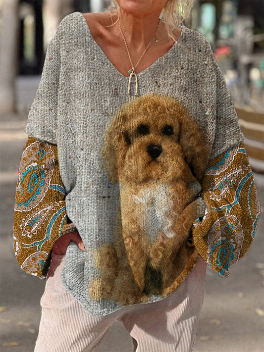 Rétro Boho mignon chien imprimé Vintage Chic col en V lâche à manches longues en tricot épais Pull A / S Pull