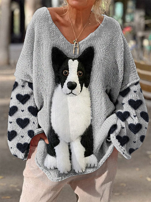 Rétro Boho mignon chien imprimé Vintage Chic col en V lâche à manches longues en tricot épais Pull A / S Pull