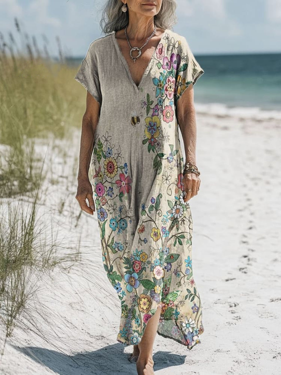 Rétro Boho Floral Art Imprimé V-cou Vintage lâche manches longues robe Midi A / S Robes