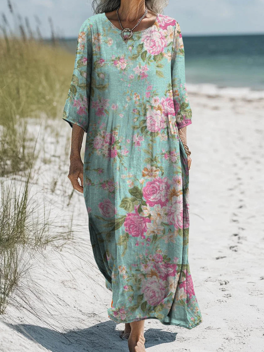 Rétro Boho Floral Art Imprimé Col Rond Vintage Lâche Manches Longues Midi Robe A / S Robes