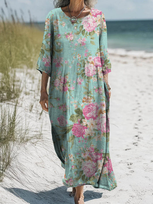 Rétro Boho Floral Art Imprimé Col Rond Vintage Lâche Manches Longues Midi Robe A / S Robes