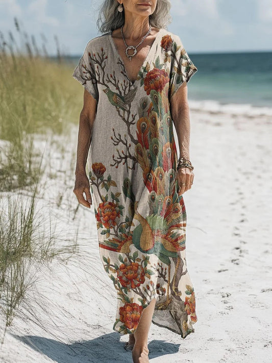 Rétro Boho Floral Art Imprimé V-cou Vintage lâche manches longues robe Midi A / S Robes