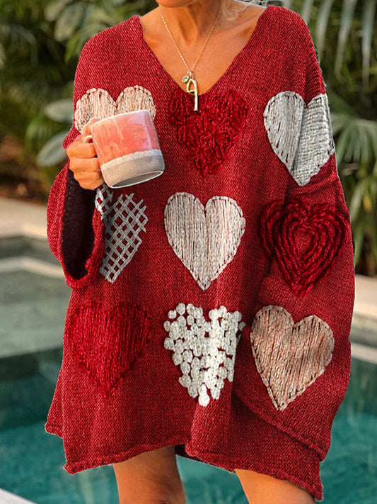 Retro Love Art Print Chic col en V Pull décontracté pour femmes A / S Pull