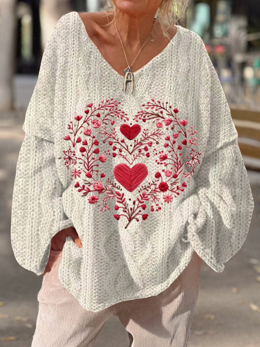 Retro Love Art Print Chic col en V Pull décontracté pour femmes A / S Pull
