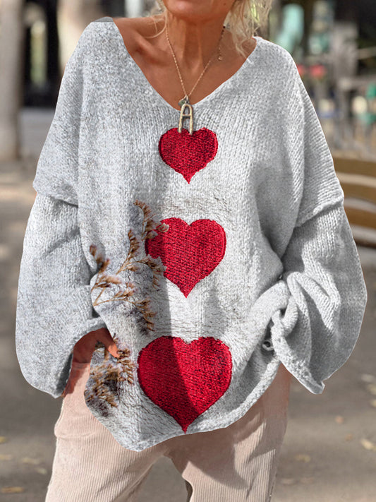 Retro Love Art Print Chic col en V Pull décontracté pour femmes A / S Pull