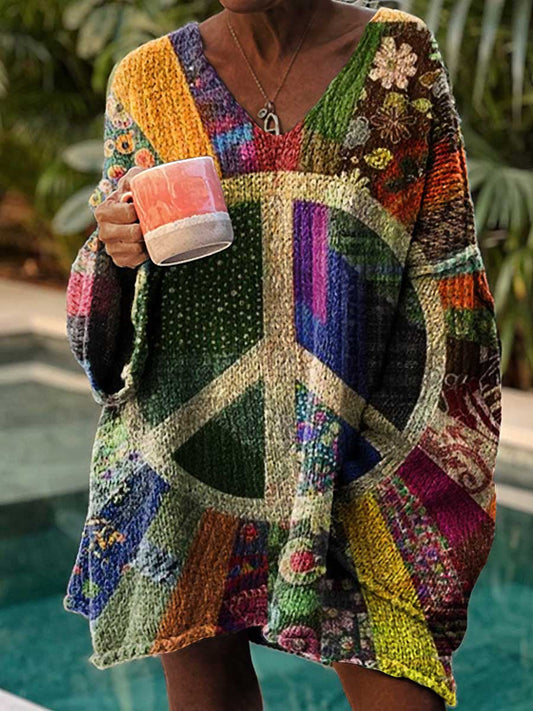 Retro Hippie Art Print Chic V-Neck Pull décontracté pour femmes A / S Pull