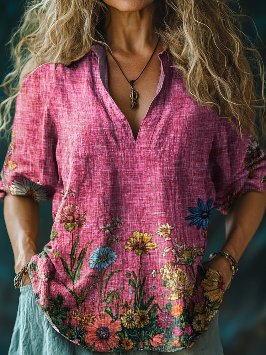 Women’s Vintage Floral Art Print V-Neck Casual Cotton and Linen Shirt Top A / S Chemises