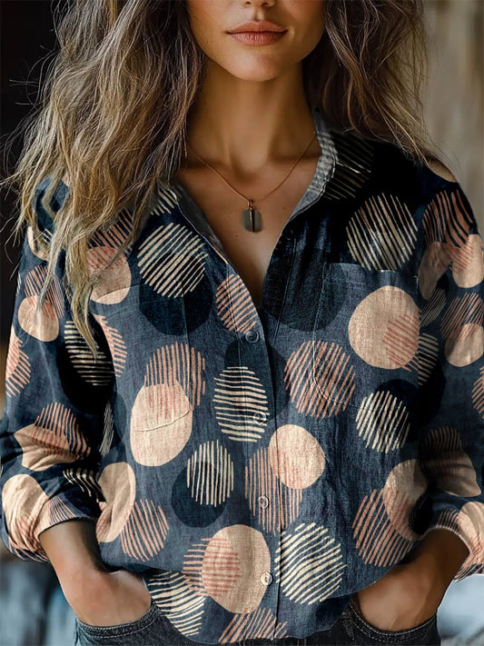 Women’s Retro Art Print V-Neck Casual Cotton and Linen Shirt Top A / S Chemises
