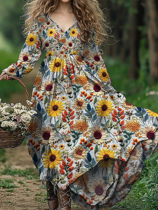 Vintage Floral Print V-Neck Elegant Chic Loose Long Sleeve Midi Dress A / S Robes