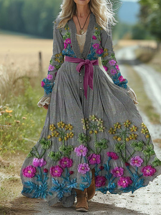 Rétro Boho Floral Art Print Vintage Chic taille sangle col en V coton à manches longues robe Midi A / S Robes