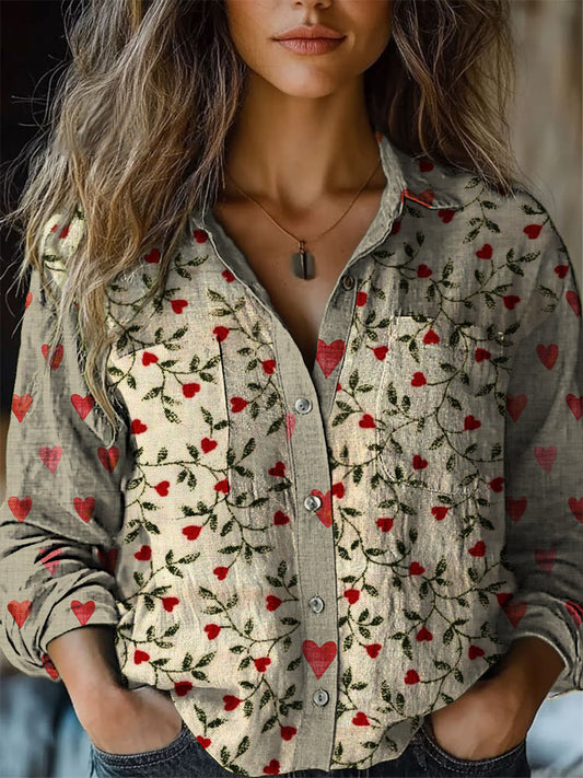 Retro Boho Floral Plante en forme de coeur imprimé Vintage Chic col V bouton poche coton chemise à manches longues A