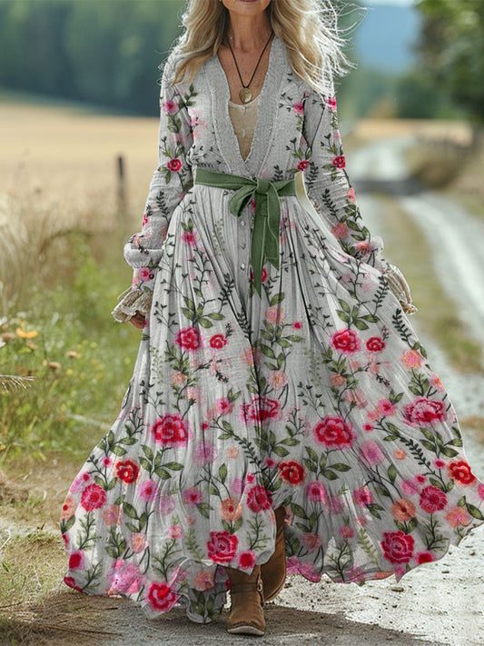 Rétro Boho Floral Art Print Vintage Chic taille sangle col en V coton à manches longues robe Midi A / S Robes