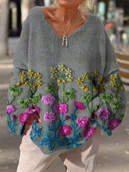 Retro Boho Floral Imprimé Vintage Chic V-cou lâche à manches longues Pull en tricot épais A / S Pull
