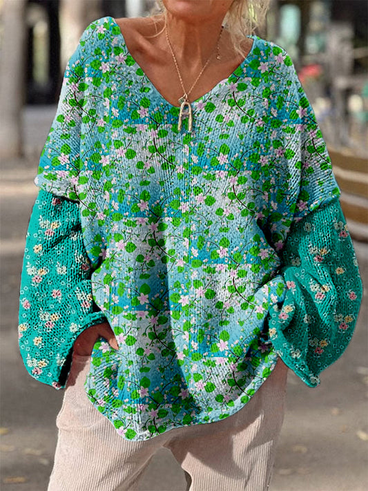 Retro Boho Floral Imprimé Vintage Chic V-cou lâche à manches longues Pull en tricot épais A / S Pull