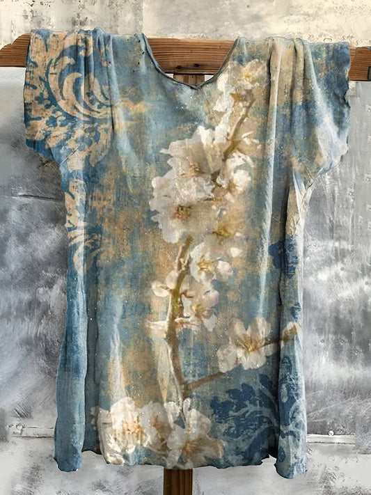Rétro Boho Floral imprimé ras du cou coton confortable T-shirt décontracté A / S T-shirt
