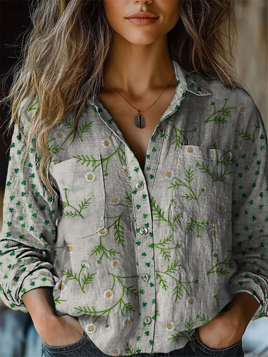 Retro Boho Floral Plante Art Imprimé Vintage Chic V-cou Bouton Poche Coton Chemise À Manches Longues A / S Chemises