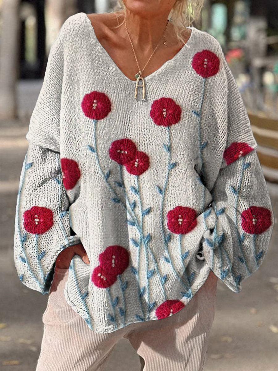Retro Boho Floral Imprimé Vintage Chic V-cou lâche à manches longues Pull en tricot épais A / S Pull