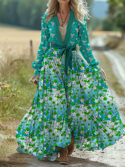 Rétro Boho Floral Art Print Vintage Chic taille sangle col en V coton à manches longues robe Midi A / S Robes
