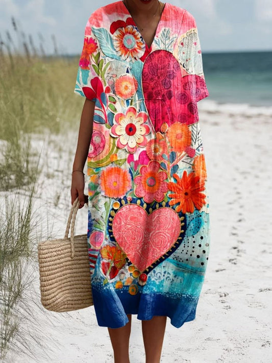 Rétro Boho Floral Imprimé Col en V Vintage Coton Lâche Manches Longues Midi Robe A / S Robes