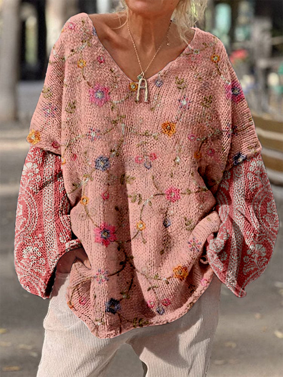Retro Boho Floral Print Vintage Loose Chic V-cou à manches longues en tricot épais Pull A / S Pull
