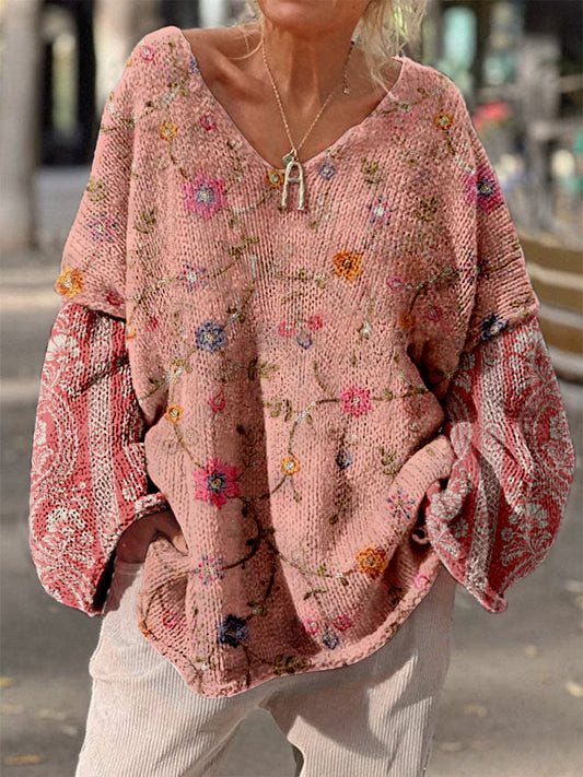 Retro Boho Floral Print Vintage Loose Chic V-cou à manches longues en tricot épais Pull A / S Pull