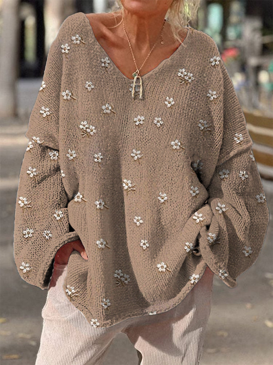 Retro Boho Floral Print Vintage Loose Chic V-cou à manches longues en tricot épais Pull A / S Pull