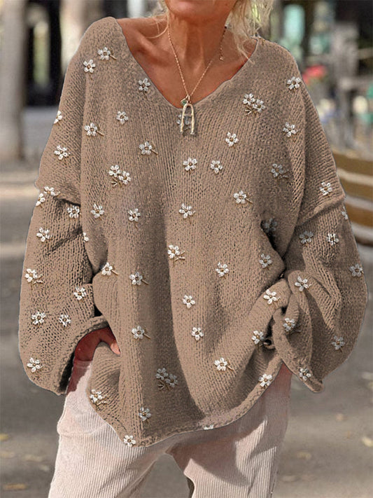 Retro Boho Floral Print Vintage Loose Chic V-cou à manches longues en tricot épais Pull A / S Pull