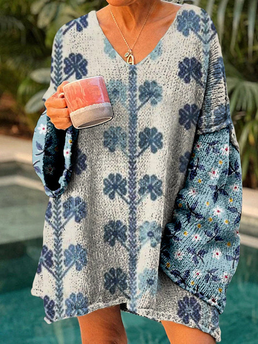 Retro Boho Floral Print Vintage Loose Chic V-cou à manches longues en tricot épais Pull A / S Pull