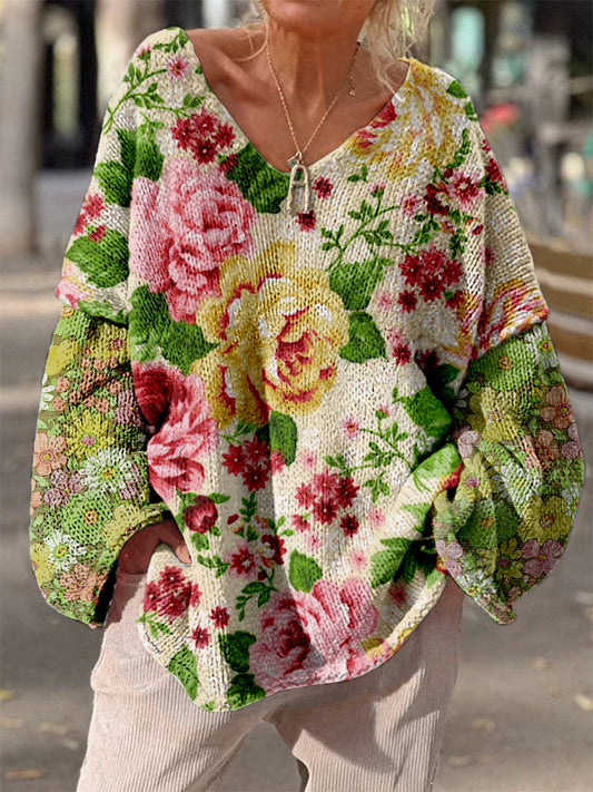 Retro Boho Floral Print Vintage Loose Chic V-cou à manches longues en tricot épais Pull A / S Pull