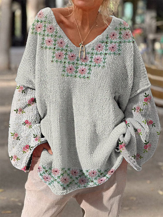Retro Boho Floral Print Vintage Loose Chic V-cou à manches longues en tricot épais Pull A / S Pull