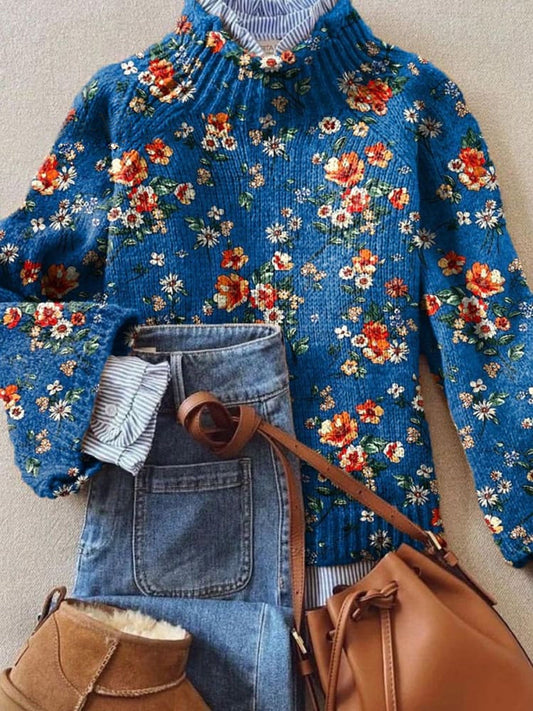 Rétro Boho Floral Art Imprimé Tricot Vintage Pull à col roulé Pull à manches longues A / S Pull