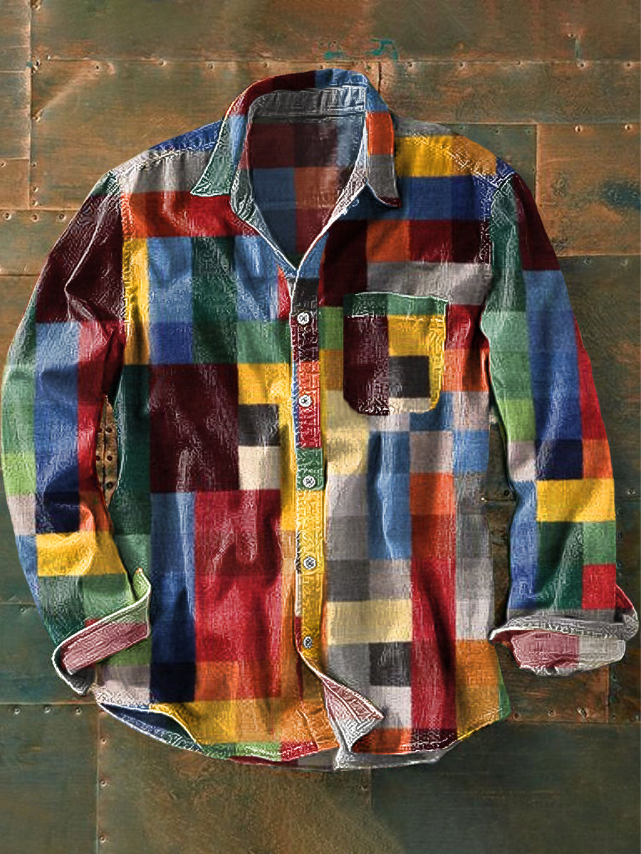 Chemise de poche à manches longues à revers imprimée vintage unisexe simple couleur arc-en-ciel coloré / S Chemises