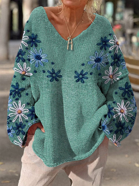 Rétro ethnique Boho imprimé floral Vintage lâche Chic col en V à manches longues pull en tricot épais A / S Pull