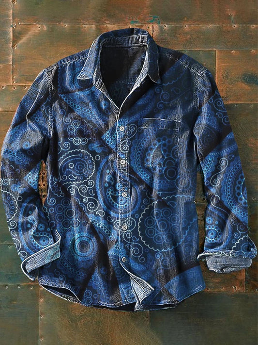 Chemise décontractée imprimée de fleurs de cajou vintage à manches longues pour hommes comme image / S Chemises