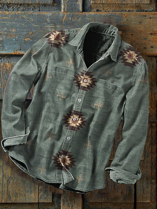 Unisexe Hommes Vintage Western Géométrie Ethnique Abstrait Imprimé Casual Manches Longues Deux Poche Chemise Vert / S