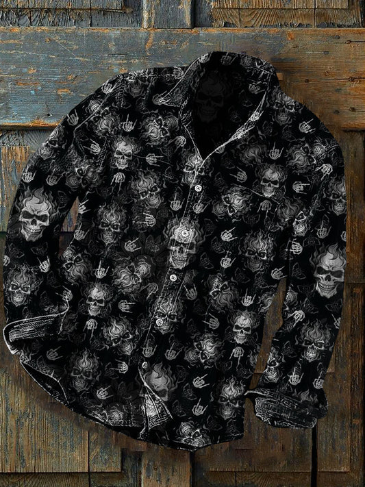 Unisexe Hommes Vintage Punk Dark Rock Crânes Abstrait Imprimer Casual Manches Longues Deux Poche Chemise Noir / S
