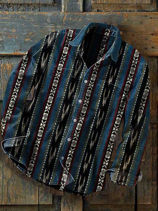Unisexe Hommes Vintage Western Ethnique Rayé Géométrique Abstrait Imprimé Casual Manches Longues Deux Poche Chemise