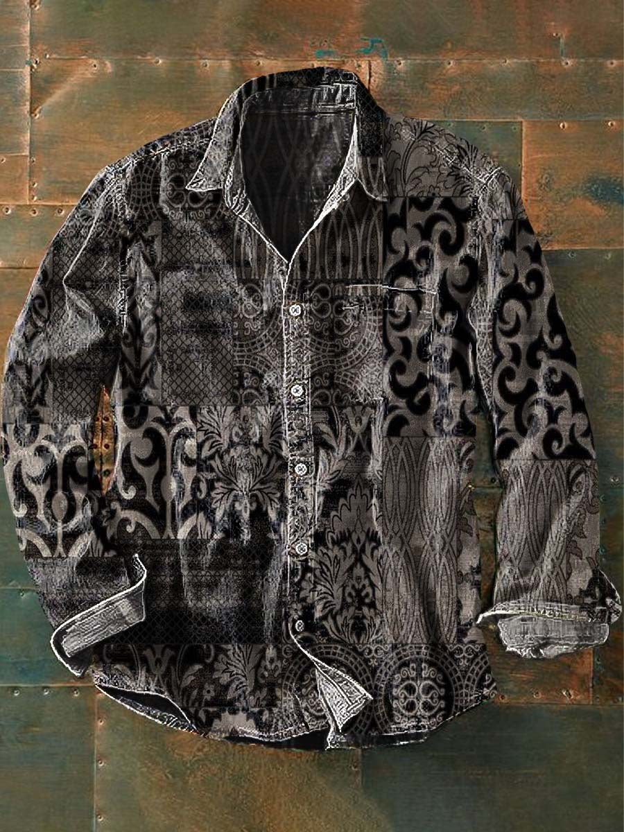 Chemise à manches longues décontractée imprimée ethnique rétro pour hommes comme image / S Chemises
