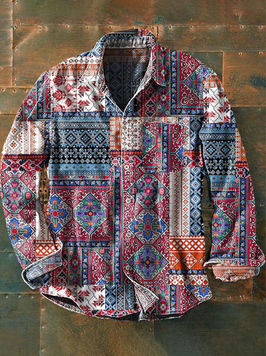 Chemise à manches longues à revers décontractée imprimée à motif de style occidental pour hommes comme image / S