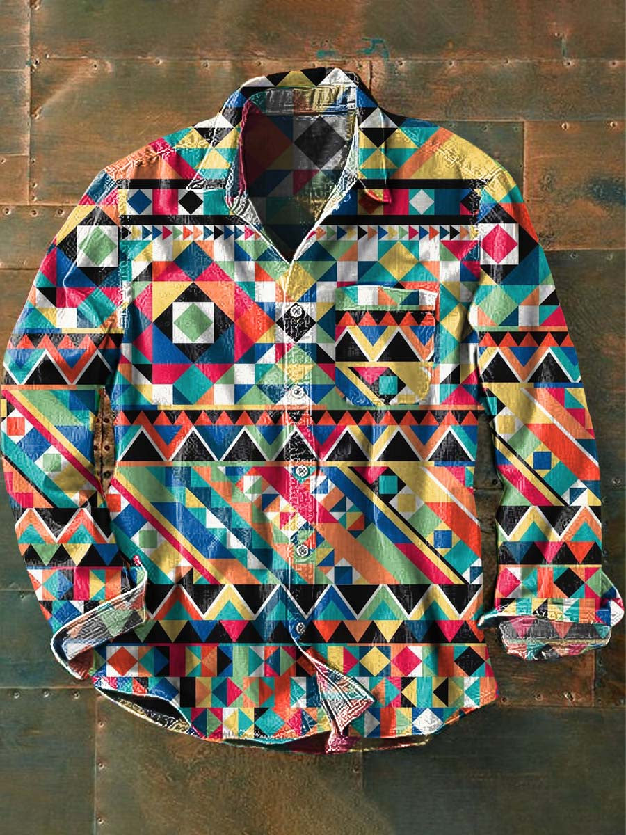 Chemise à manches longues à revers décontractée imprimée à motif de style occidental pour hommes comme image / S