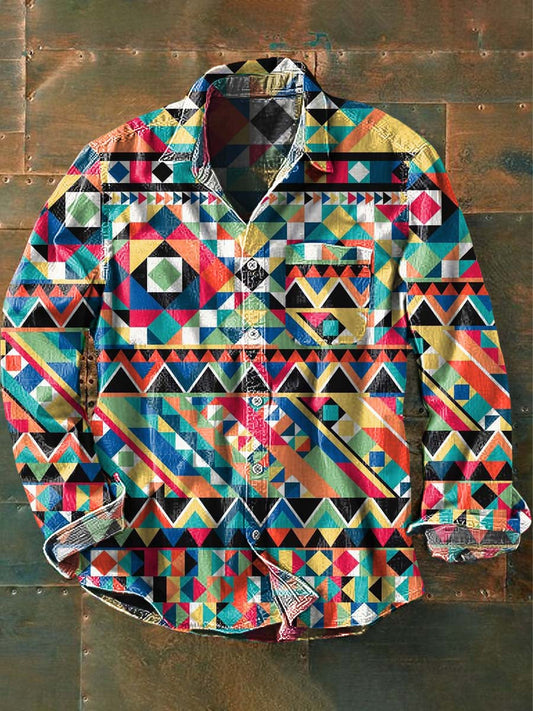 Chemise à manches longues à revers décontractée imprimée à motif de style occidental pour hommes comme image / S